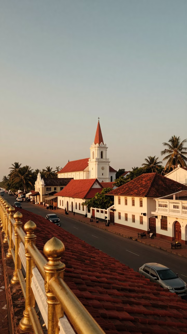 Kochi Fort Church Brass Rail and Dutch Harbor Golden Hour Street Scene in in Kochi, India