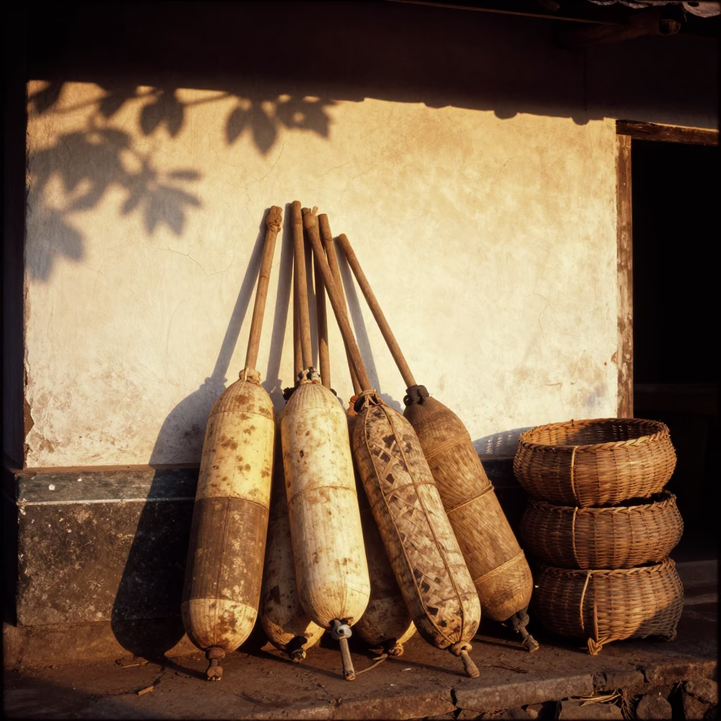 Kochi Fort fishing floats and woven baskets in golden hour light in in Kochi, India