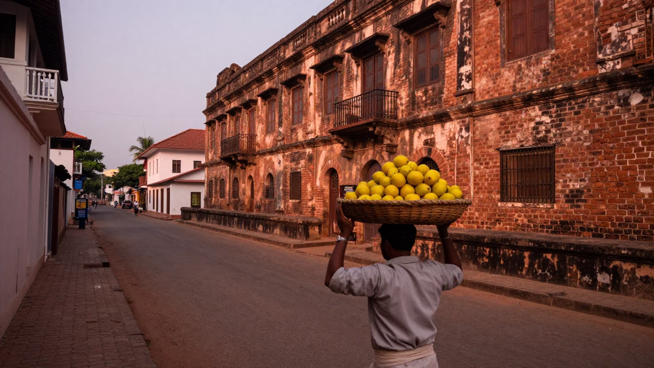 Kochi Fort Street Scene Before Dusk with Lemons and Traditional Life in in Kochi, India