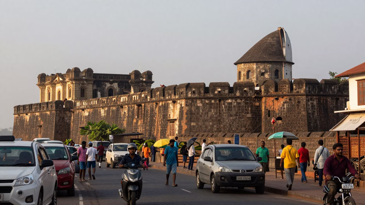 Kochi Fort Street Scene Late Afternoon with Stone Observatory and Local Vendor in in Kochi, India