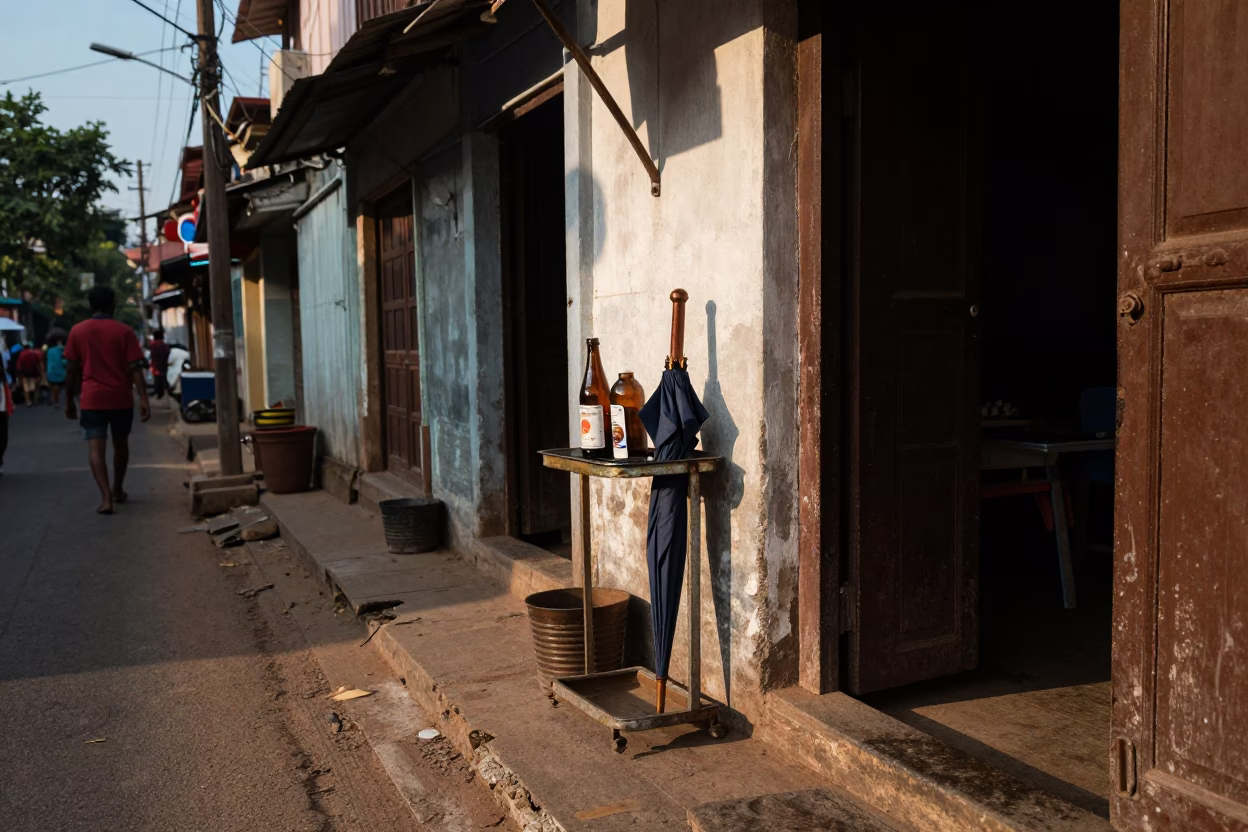 Kochi Fort Street Scene with Bottle and Umbrella Stand in Late Afternoon Light in in Kochi, India