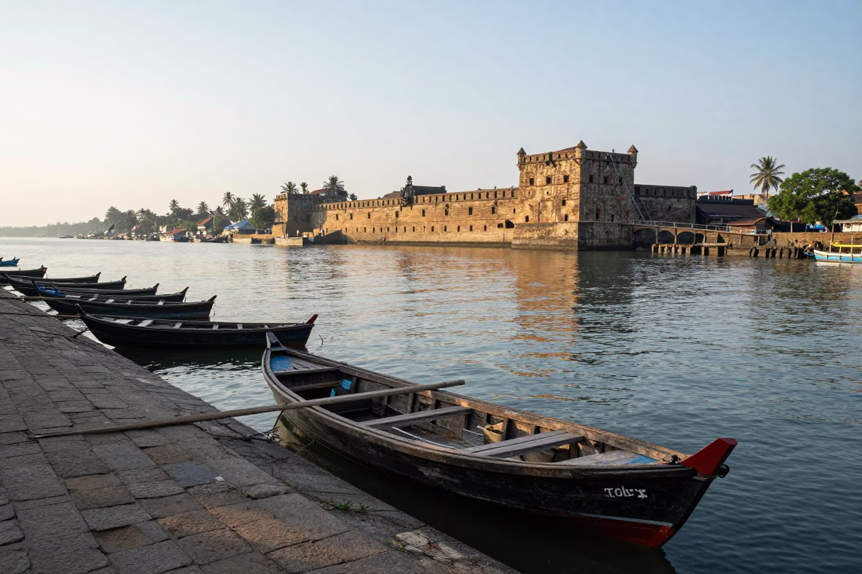 Kochi Fort Waterfront Late Morning View with Traditional Boats and Stone Embankment in in Kochi, India