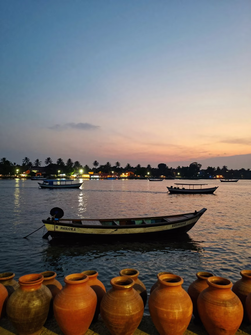 Kochi Harbor Junk Boats at Dusk with Clay Pots and Wooden Trays in in Kochi, India