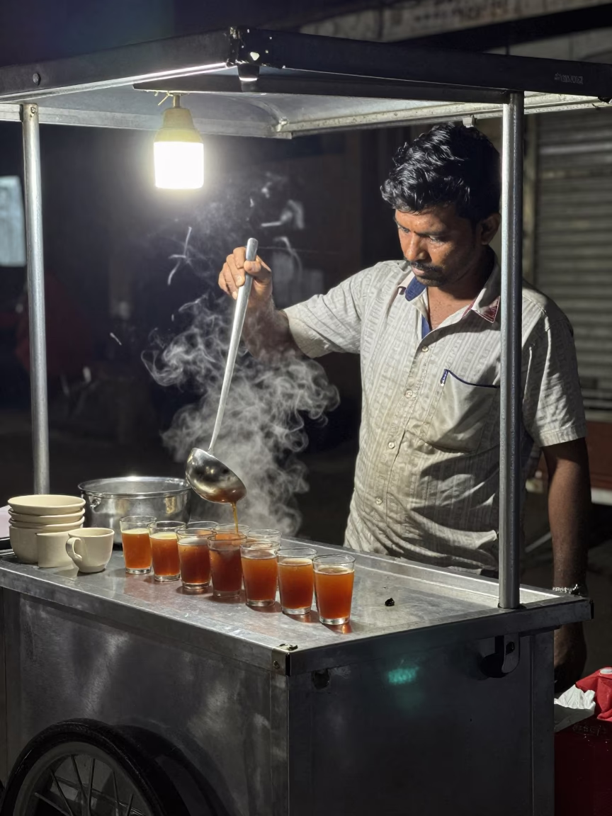 Kochi Hot Tea at Midnight Light in in Kochi, India