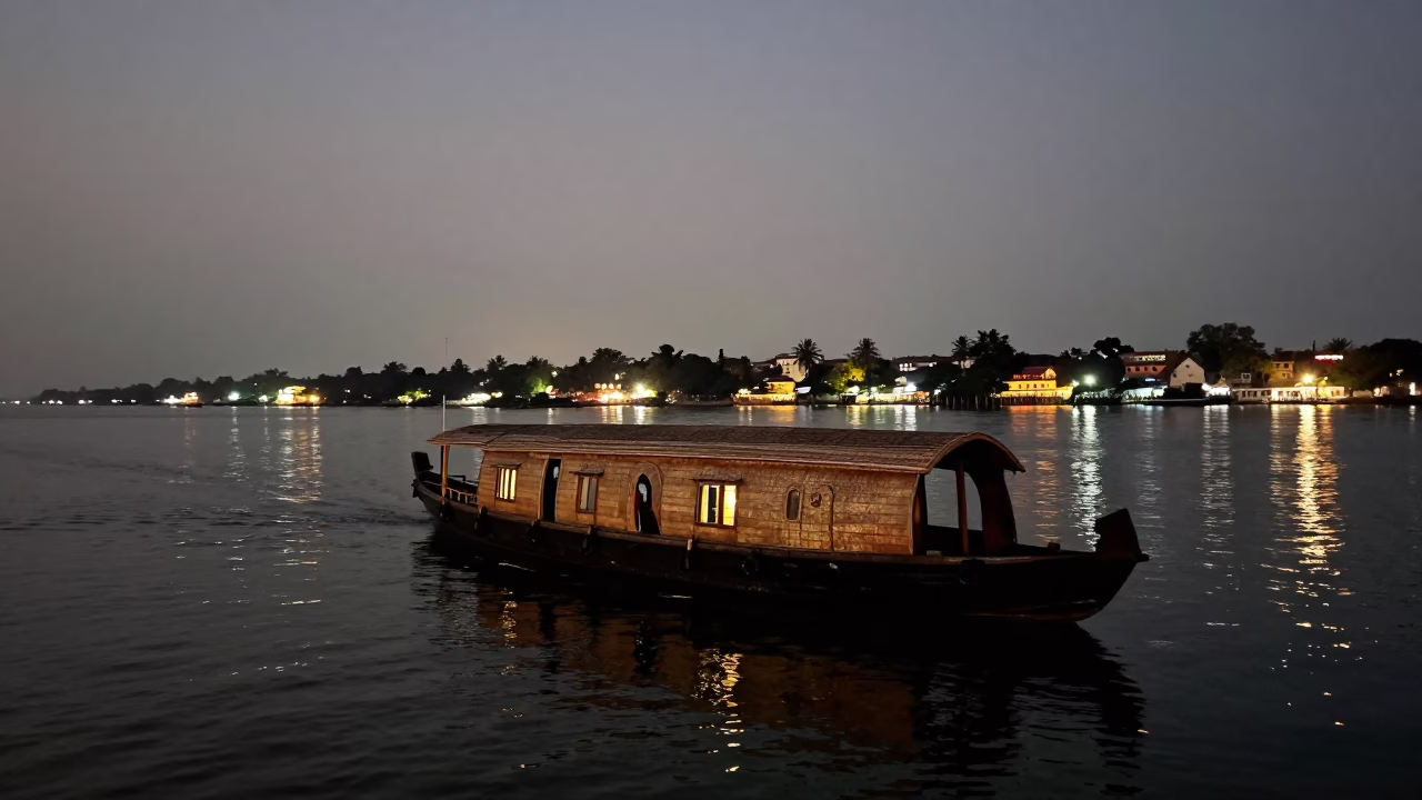 Kochi India Backwaters at Dusk with Wooden Houseboat and City Lights in in Kochi, India