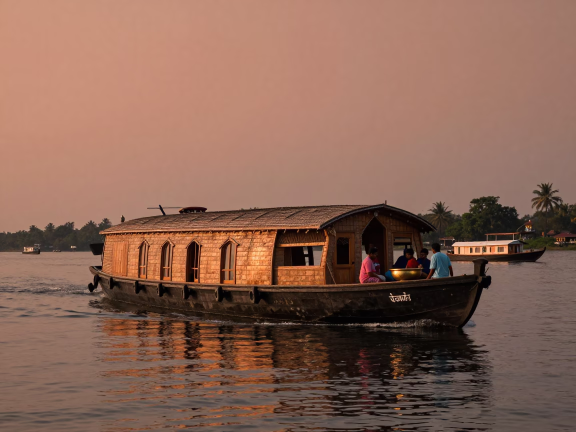 Kochi India Backwaters at Dusk Wooden Houseboat and Fishing Boats in Copper Light in in Kochi, India
