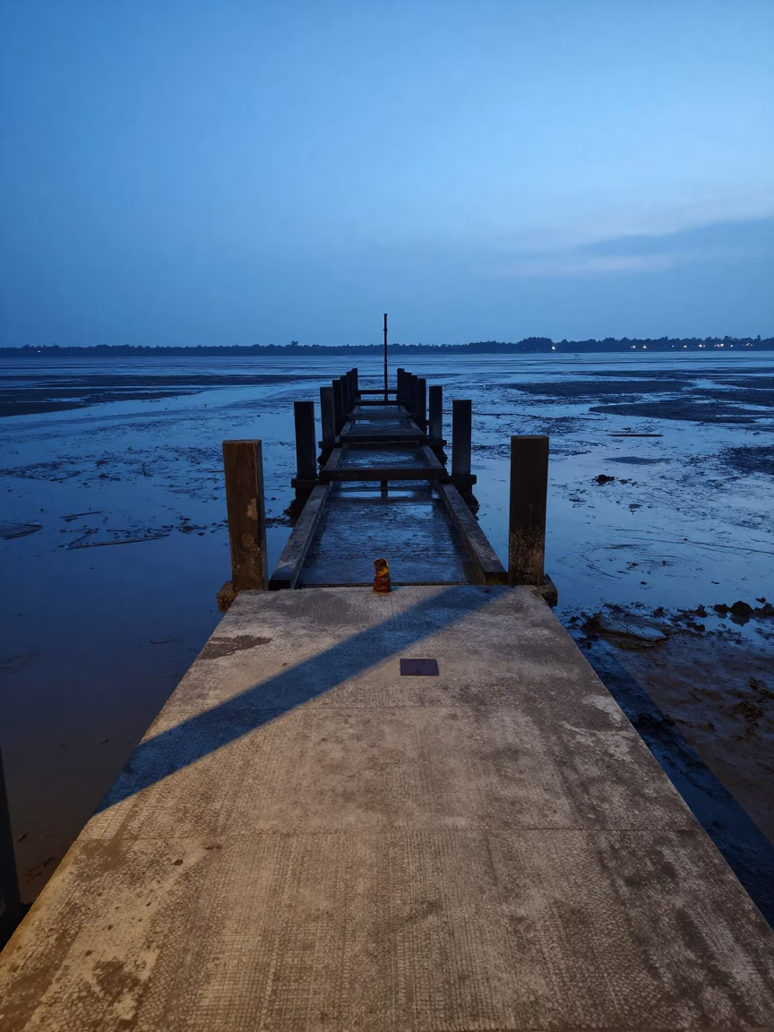Kochi India Blue Hour Ferry Ramp Piling System Low Tide Waterfront Scene in in Kochi, India