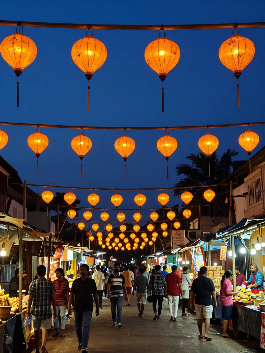 Kochi India Blue Hour Night Market Street Scene with Hanging Lanterns in in Kochi, India