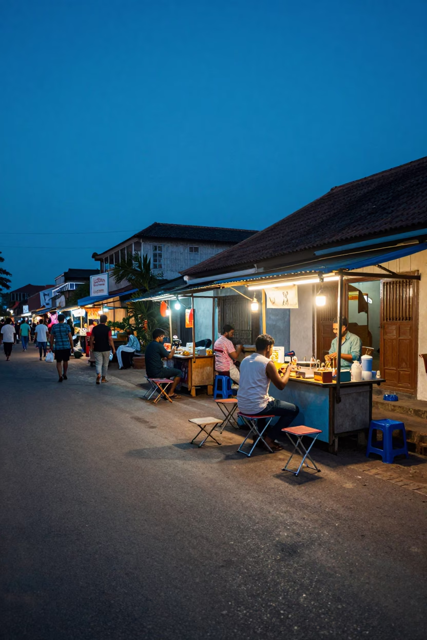 Kochi India Blue Hour Street Scene with Folding Stools and Lanterns in in Kochi, India