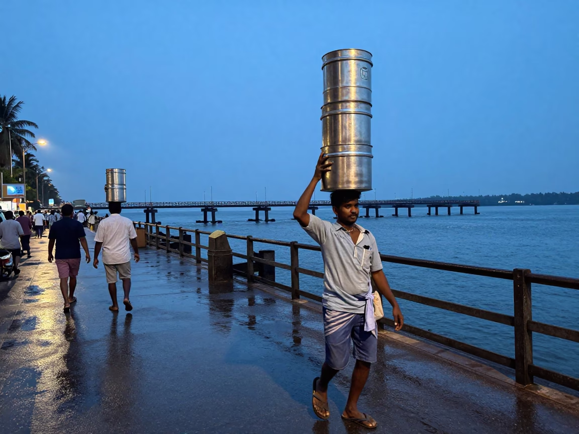 Kochi India Blue Hour Street Scene with Tiffin Tin and Bridge Piers in in Kochi, India