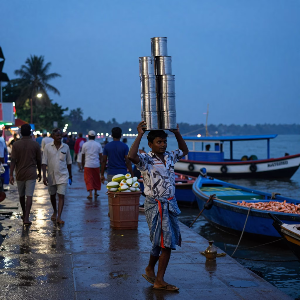 Kochi India Blue Hour Street Scene with Tiffin Tin and Shrimp Trawler in in Kochi, India