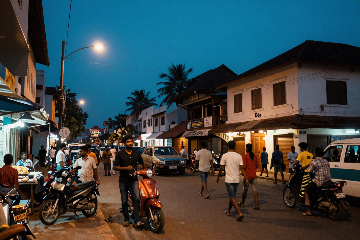 Kochi India Blue Hour Street Scene with Vintage 1970s Color Film Aesthetic in in Kochi, India