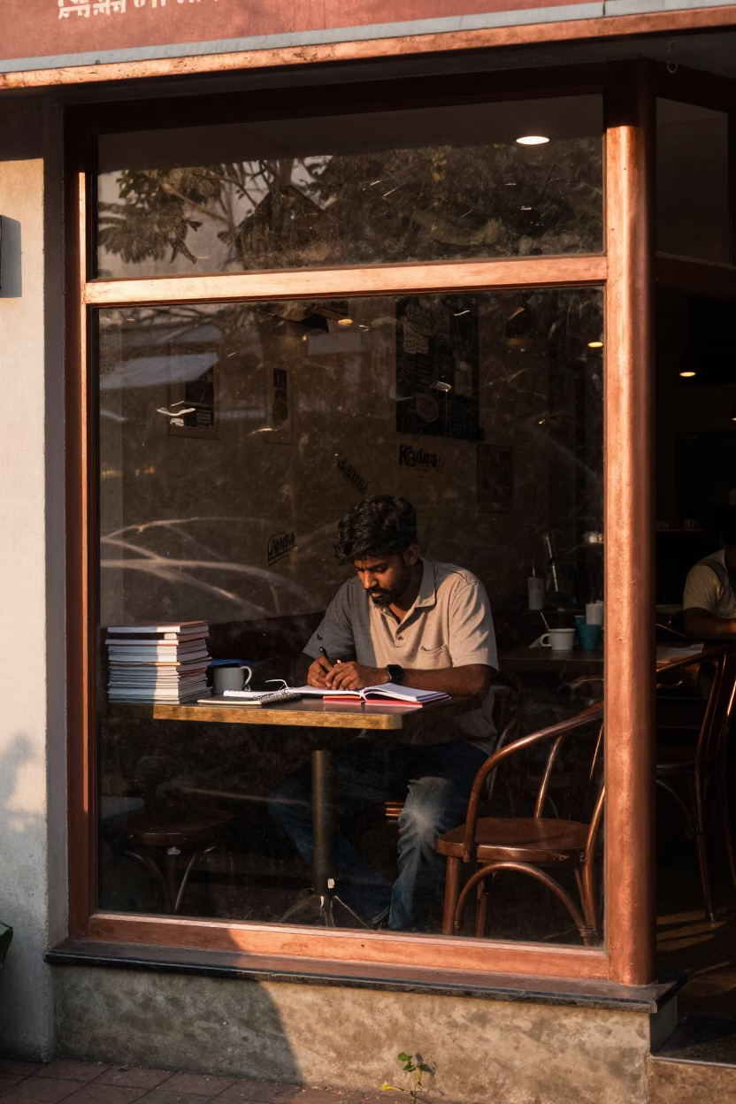 Kochi India Cafe Writer in Copper Dusk Light with Street Activity in in Kochi, India