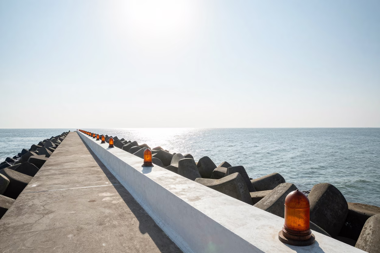 Kochi India Coastal Breakwater Warning Beacons Noon Sunlight Realistic Landscape in in Kochi, India
