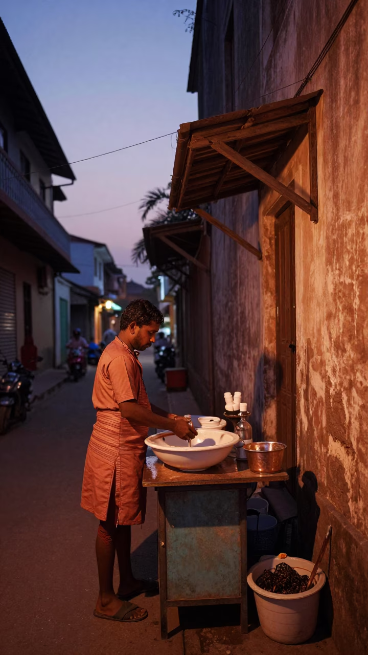 Kochi India Copper Dusk Street Scene with Porcelain Washbasin and Tea Kettle in in Kochi, India