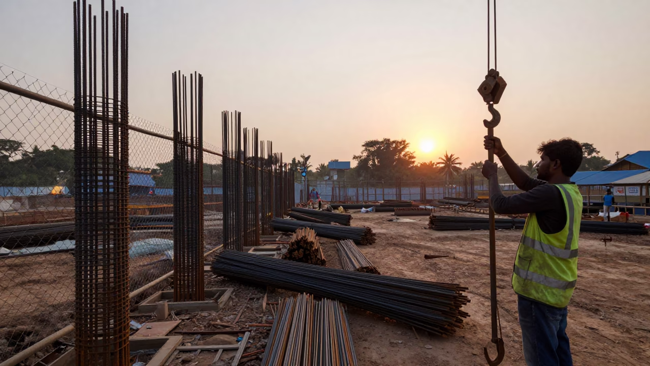 Kochi India Dawn Construction Site with Rebar Bundles and Metal Stools in in Kochi, India