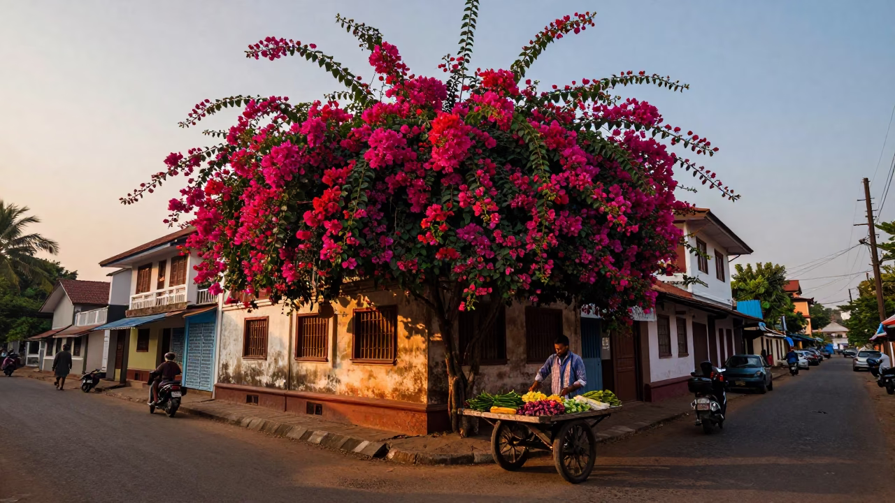 Kochi India Dawn Street Scene with Bougainvillea and Local Life in in Kochi, India