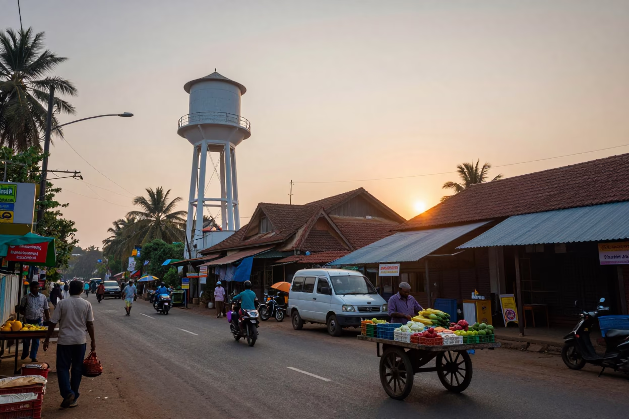 Kochi India Dawn Street Scene with Water Tower and Local Vendor in in Kochi, India