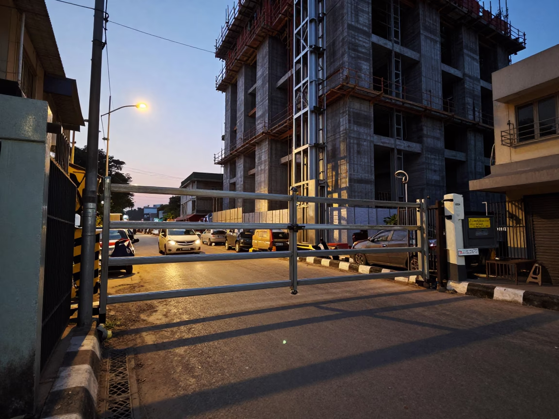 Kochi India Early Evening Street Scene with Construction Elevator Gate and Rebar Bundles in in Kochi, India