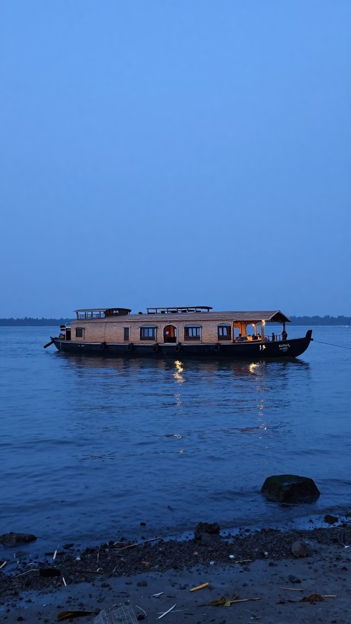 Kochi India Evening Blue Hour Backwater Houseboat and Traditional Kettuvallam in in Kochi, India