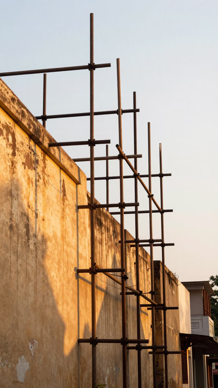 Kochi India evening light geometric scaffold joints against white sky high fashion street scene in in Kochi, India