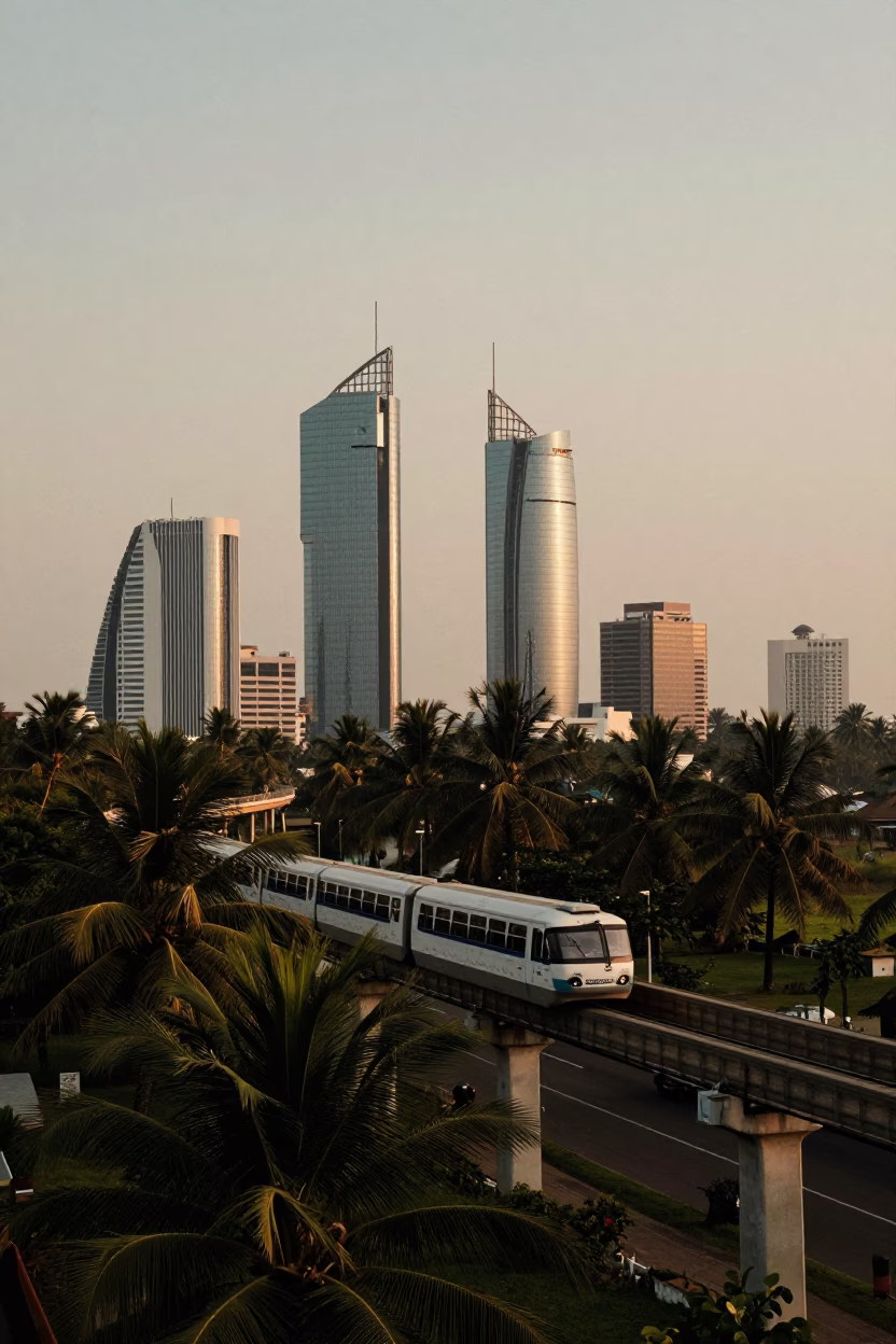 Kochi India Evening Monorail Palm Trees Glass Towers Cable Bridge Harbor in in Kochi, India