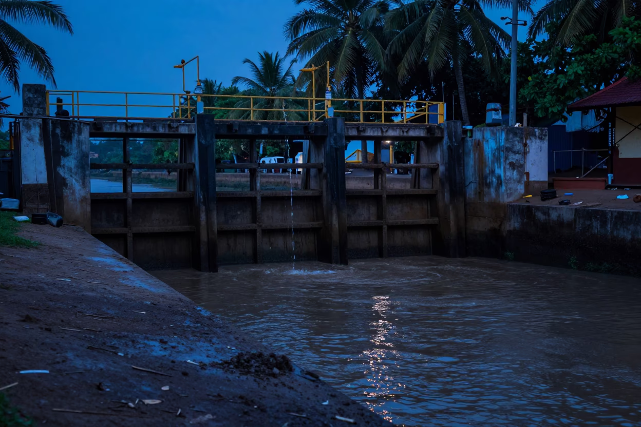 Kochi India Evening Sluice Gate Dripping Beside Muddy Canal Edge Urban Life in in Kochi, India