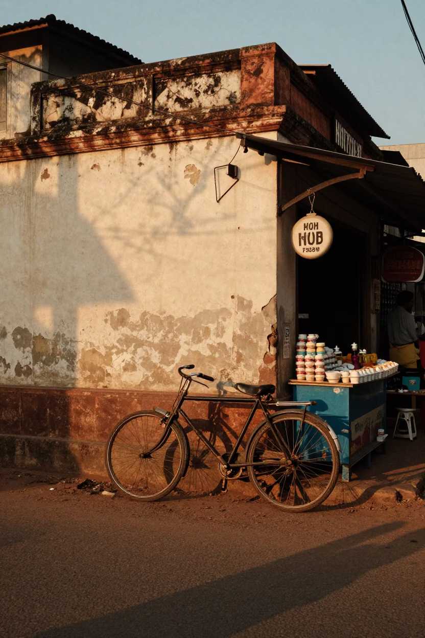 Kochi India Evening Street Scene with Bicycle and Local Food Vendor in in Kochi, India