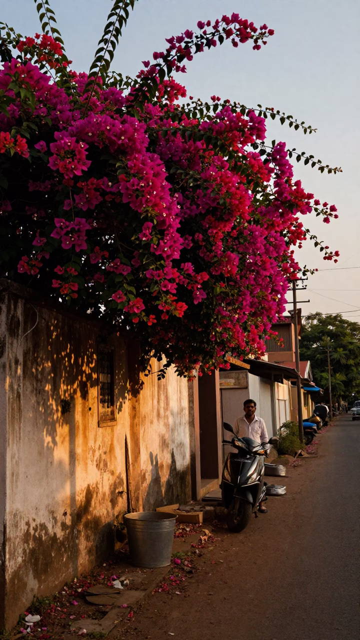 Kochi India Evening Street Scene with Bougainvillea and Metal Bucket in in Kochi, India
