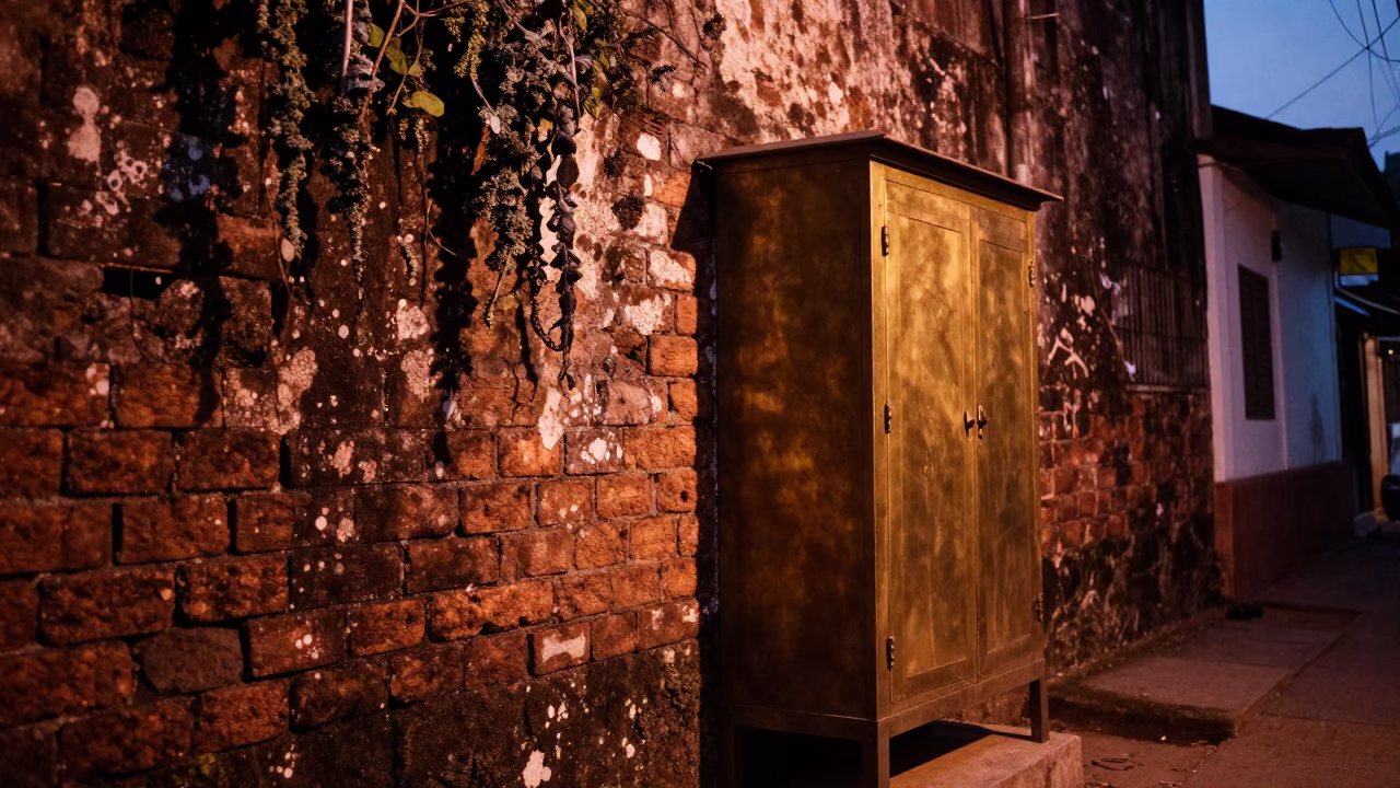 Kochi India evening street scene with brass cabinet and lichen before dusk in in Kochi, India