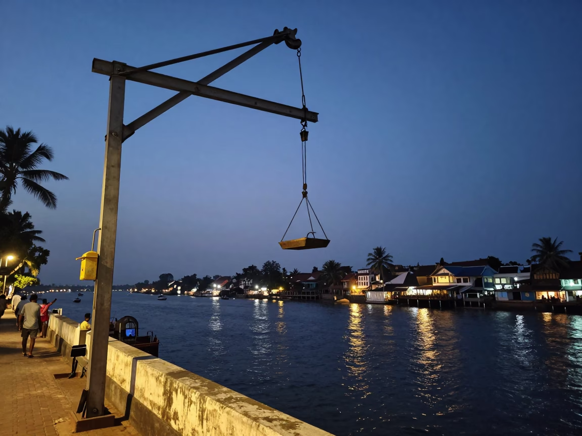 Kochi India Evening Street Scene with Bridge Maintenance Cradle and Urban Life in in Kochi, India