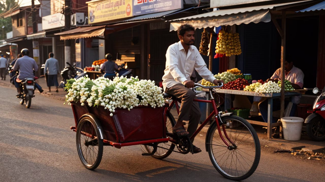 Kochi India Evening Street Scene with Cargo Bicycle and Local Commerce in in Kochi, India