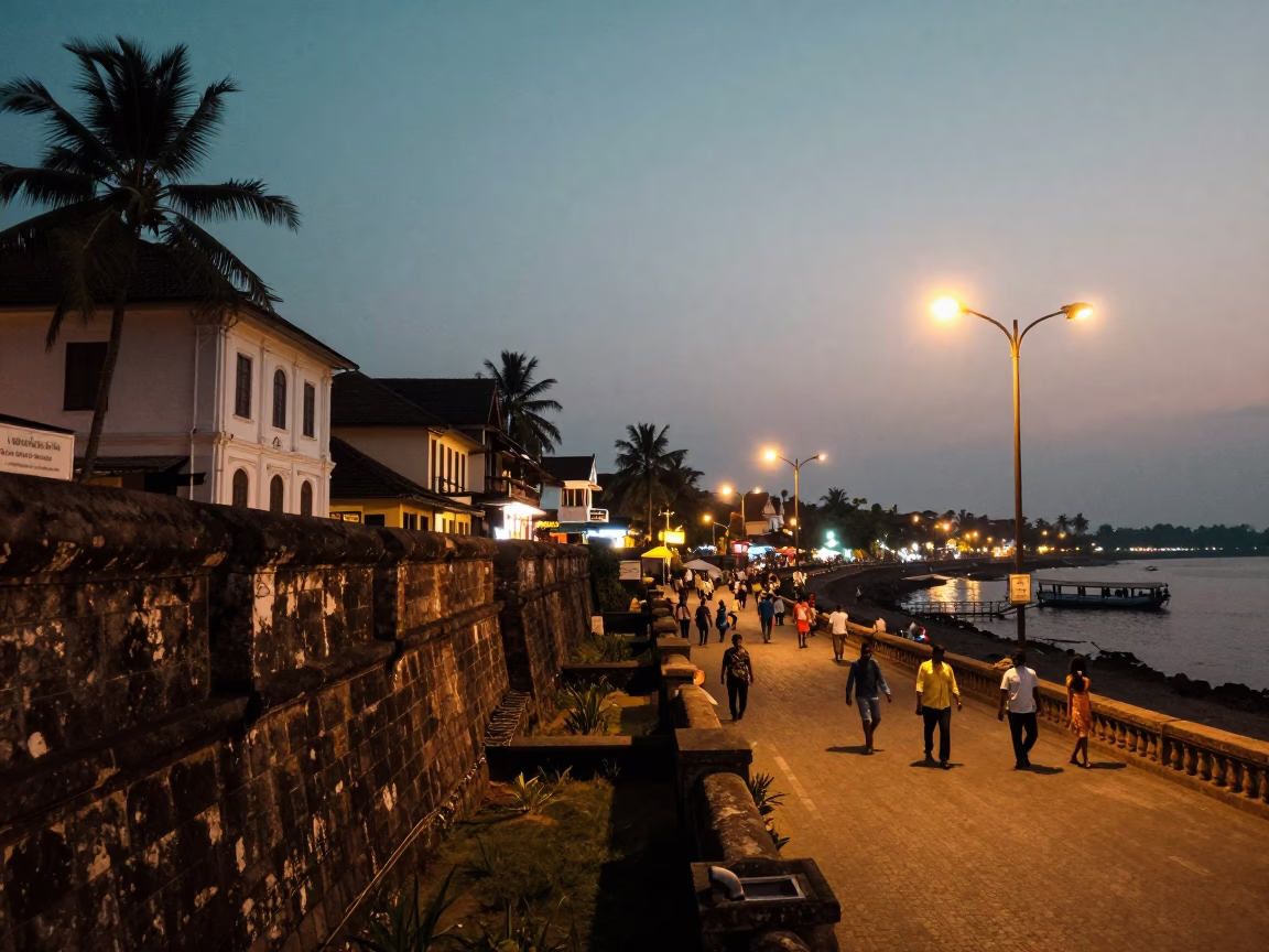 Kochi India Evening Street Scene with Colonial Architecture and Local Life in in Kochi, India