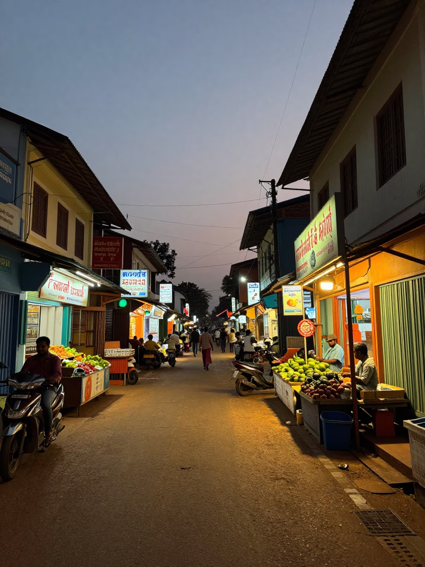 Kochi India Evening Street Scene with Colorful Shopfronts and Local Life in in Kochi, India