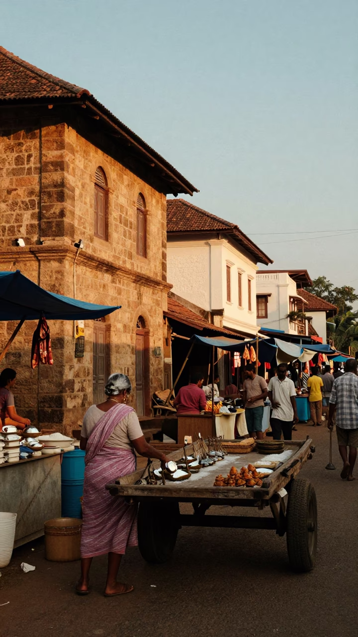 Kochi India Evening Street Scene with Fisherwoman and Traditional Market Activity in in Kochi, India