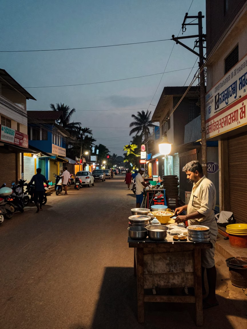 Kochi India Evening Street Scene with Flour Sifter and Local Commerce in in Kochi, India