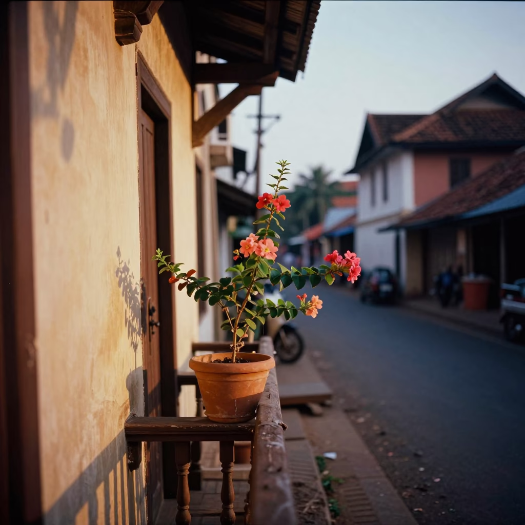 Kochi India Evening Street Scene with Flowering Plant and Local Life in in Kochi, India