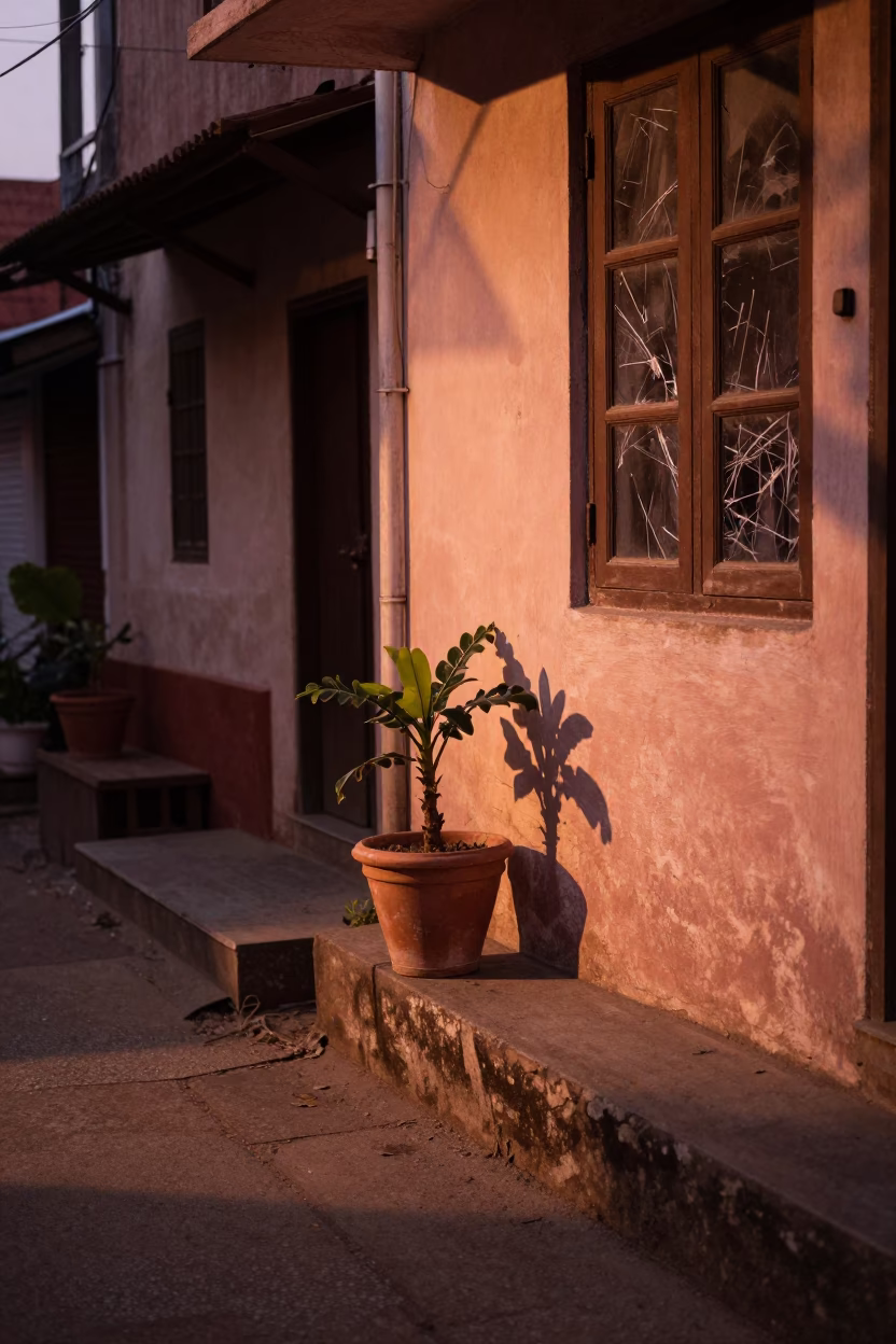 Kochi India Evening Street Scene with Flowerpot and Scratched Window Glass in Copper Light in in Kochi, India