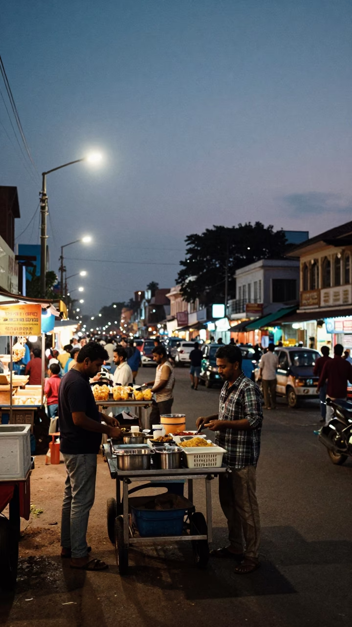 Kochi India Evening Street Scene with Food Vendors and City Lights in in Kochi, India