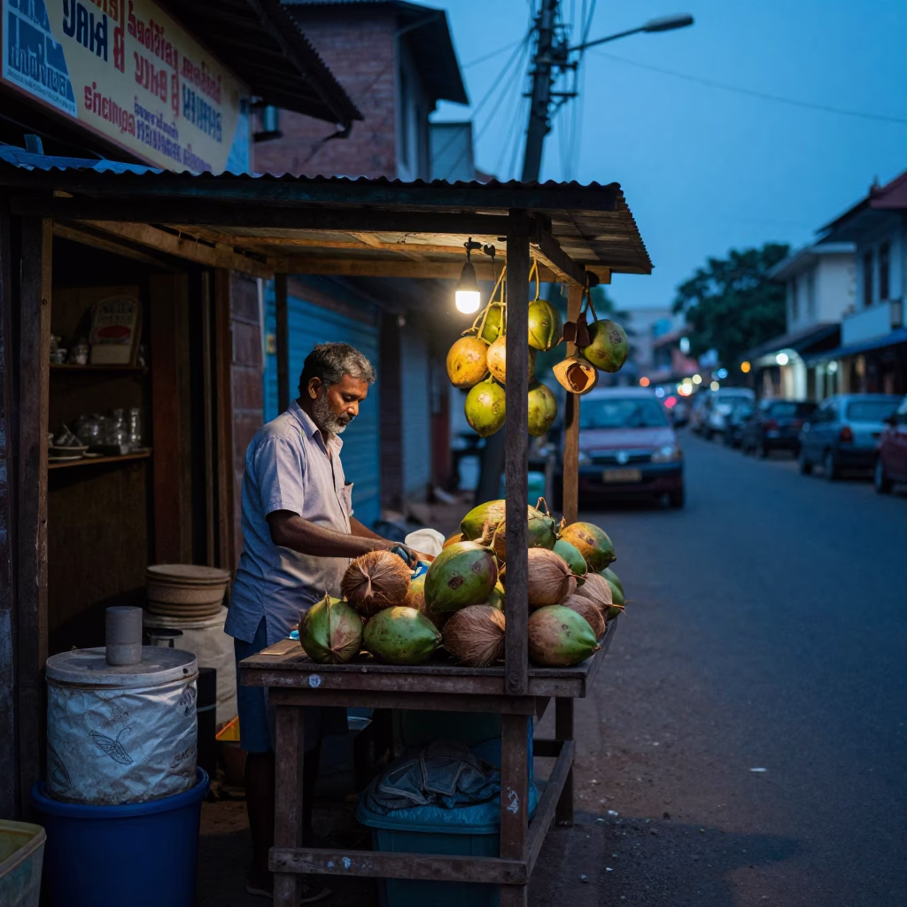 Kochi India Evening Street Scene with Local Shopkeeper and Vintage Elements in in Kochi, India