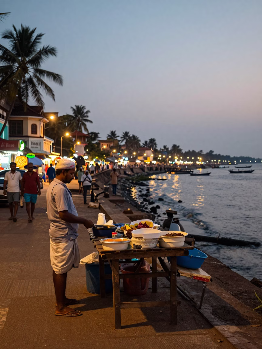 Kochi India Evening Street Scene with Local Vendor and Traditional Boat in in Kochi, India