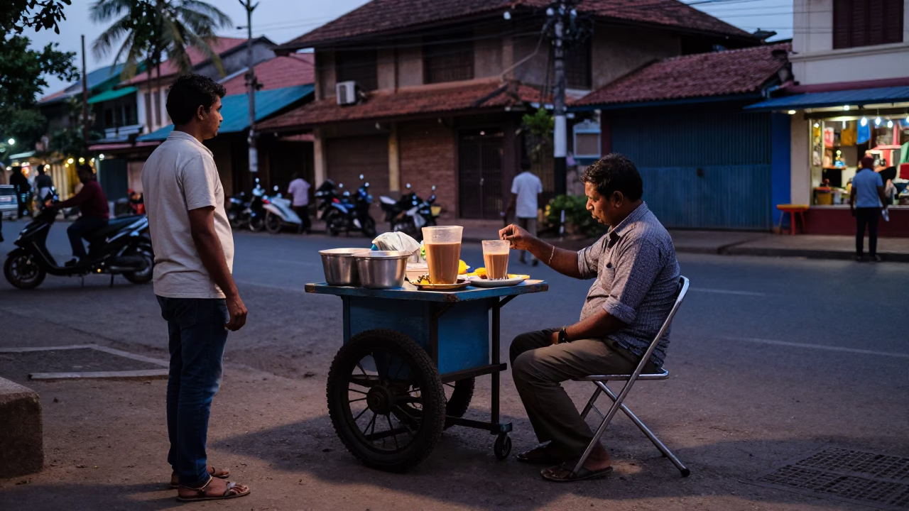 Kochi India Evening Street Scene with Masala Chai and Folding Chair in in Kochi, India