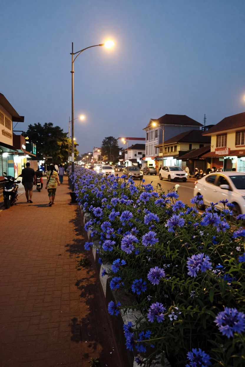 Kochi India Evening Street Scene with Plumbago Hedge and Local Market Activity in in Kochi, India
