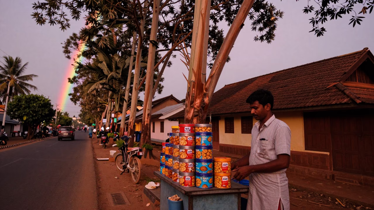 Kochi India Evening Street Scene with Rainbow Eucalyptus and Traditional Biscuit Tin in in Kochi, India