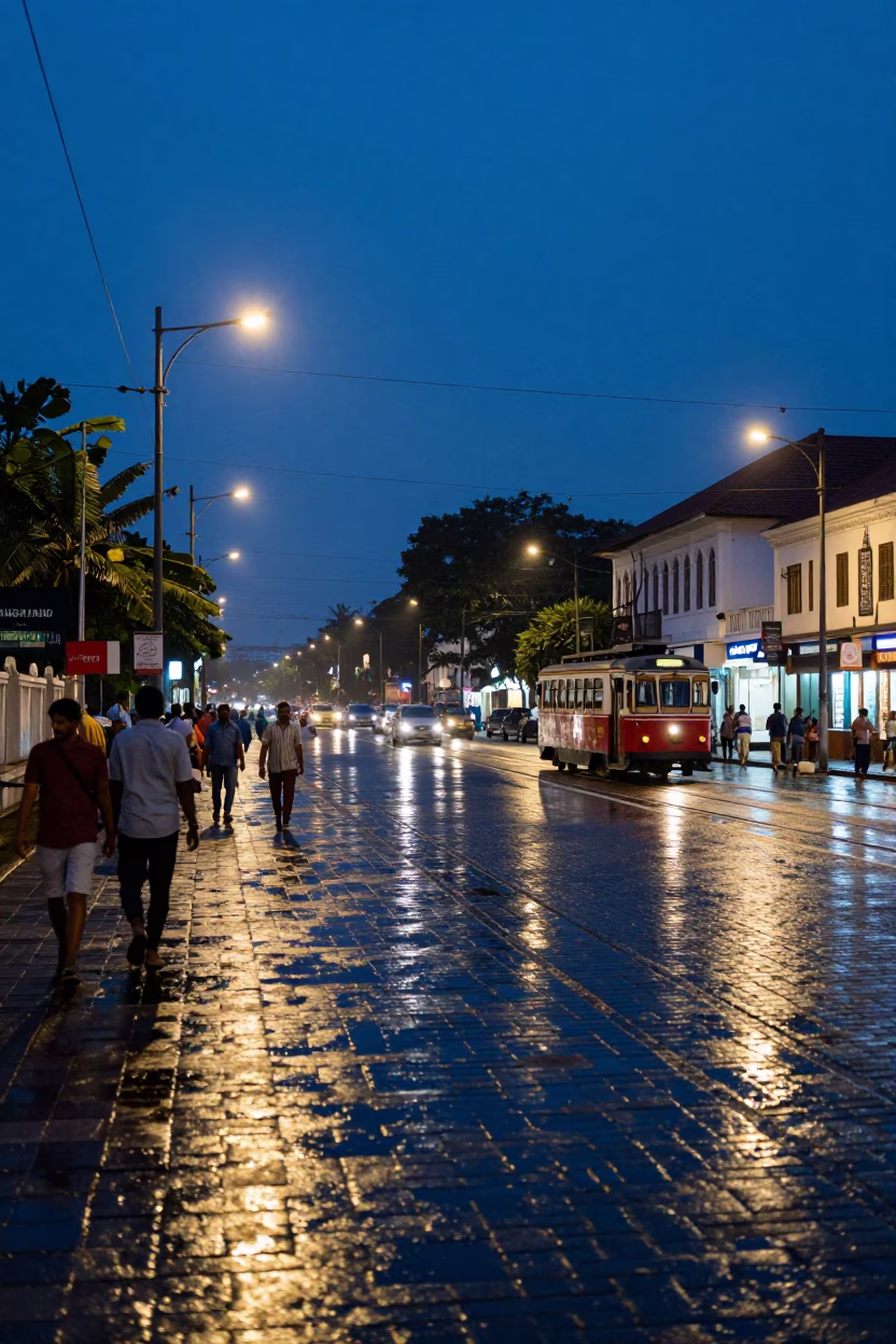 Kochi India Evening Street Scene with Reflections and Urban Activity at Twilight in in Kochi, India