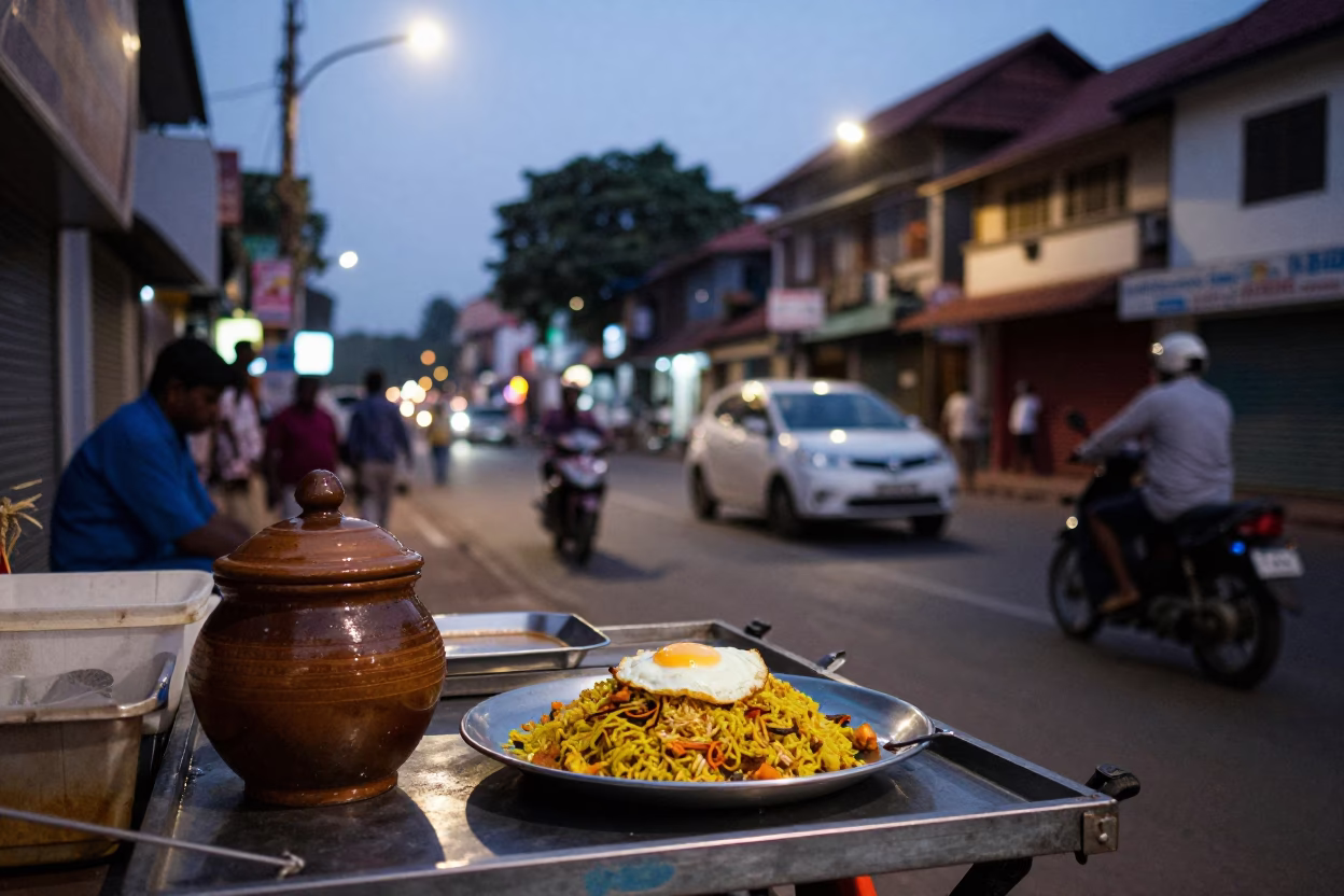Kochi India Evening Street Scene with Spice Jar and Nasi Goregs Plate in in Kochi, India