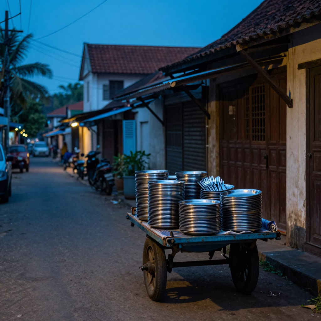 Kochi India Evening Street Scene with Stacked Plates and Rooftop Water Tower in in Kochi, India