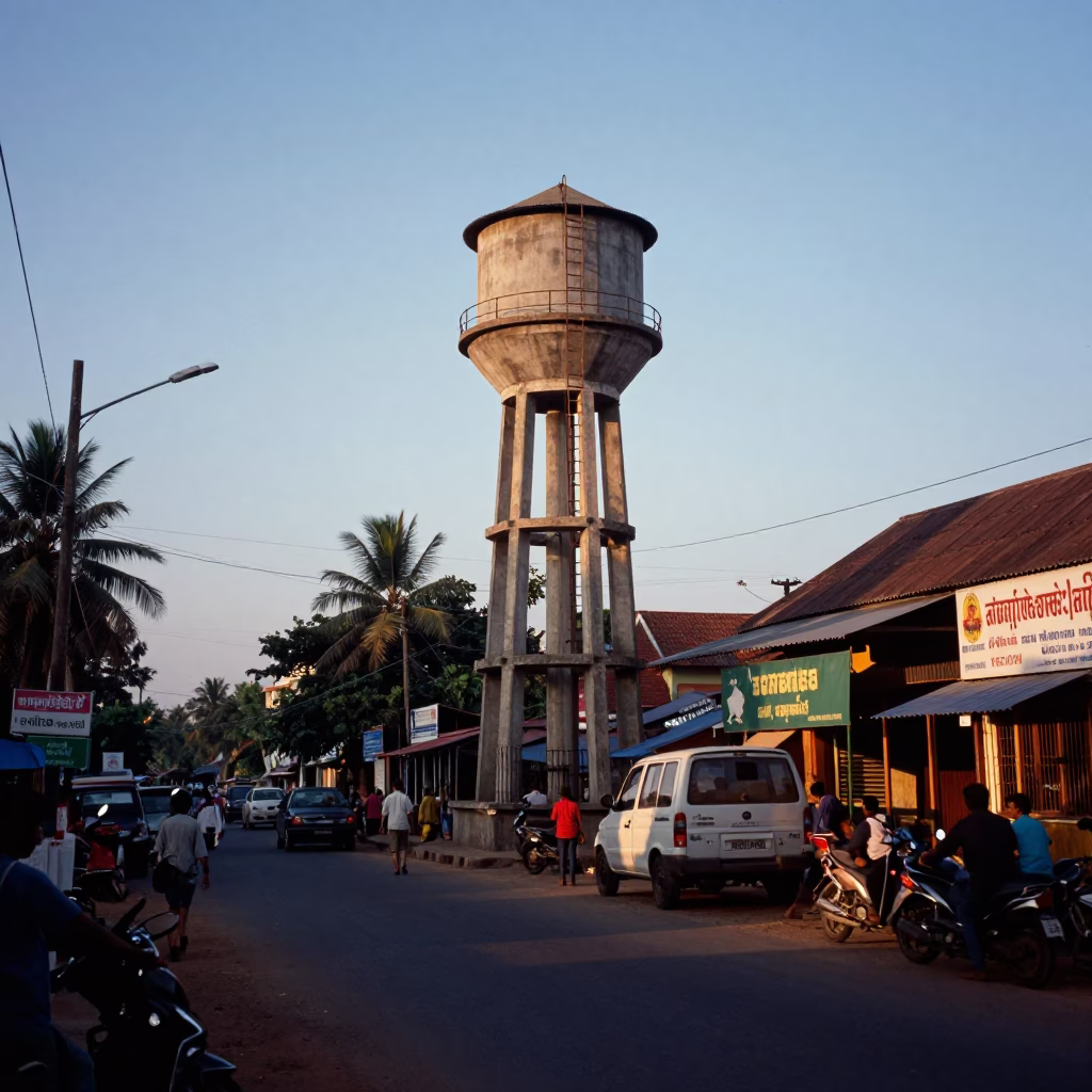 Kochi India Evening Street Scene with Water Tower and Local Life in in Kochi, India