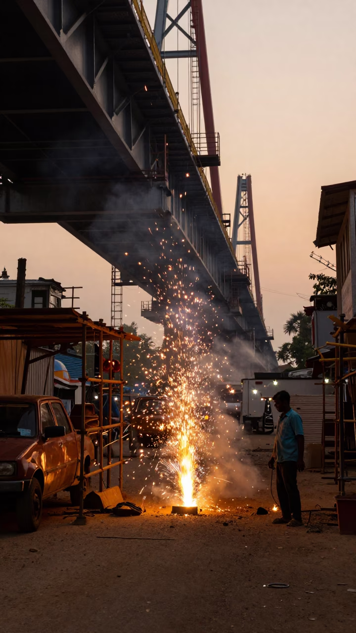 Kochi India Evening Street Scene with Welding Sparks and Local Activity in in Kochi, India
