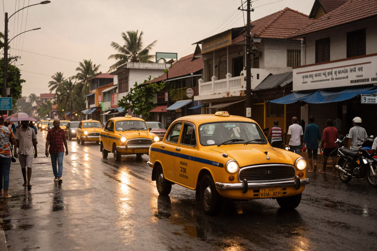 Kochi India Evening Street Scene with Yellow Taxi and Local Commerce in in Kochi, India
